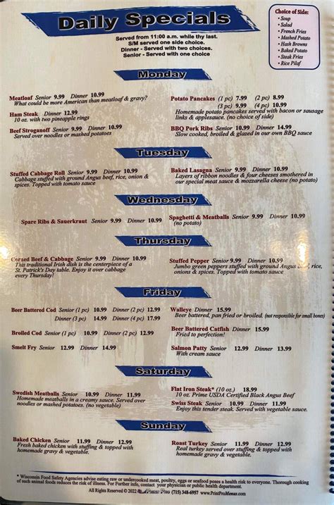 Menu at Blue Willow Cafe, Wausau