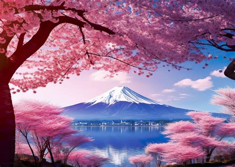 'Mount Fuji Cherry Blossoms' Poster, picture, metal print, paint by MaluBobo | Displate