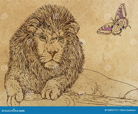 Lion with butterfly, stock illustration. Illustration of china - 93892775