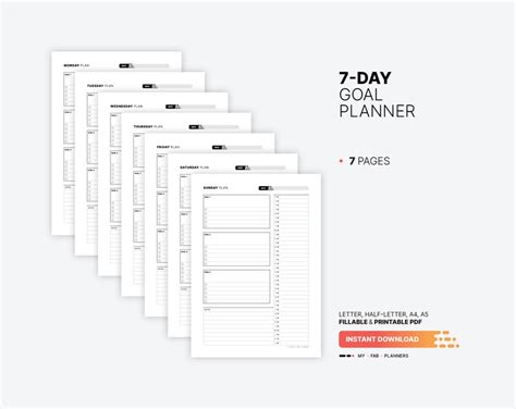 7-day Goal Planner Printable Daily Schedule Fillable Work & - Etsy