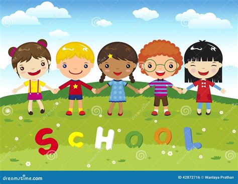 Cartoon Kids School on Grass Stock Vector - Illustration of cute ...