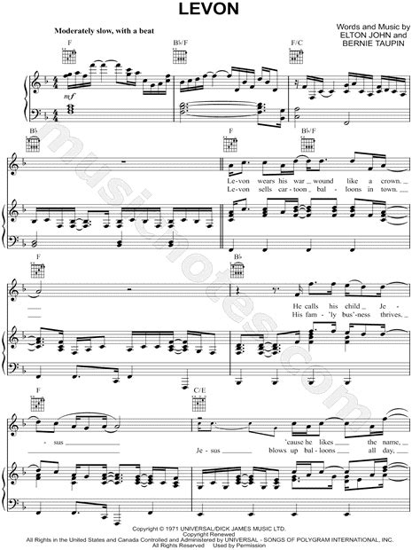 Elton John "Levon" Sheet Music in F Major (transposable) - Download & Print | Sheet music, Piano ...