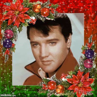 elvis presley christmas card with poinsettis and holly wreath on it's side