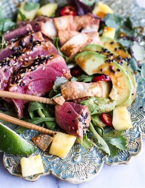 Seared Ahi Tuna Poke Salad with Hula Ginger vinaigrette + Wonton Crisps ...