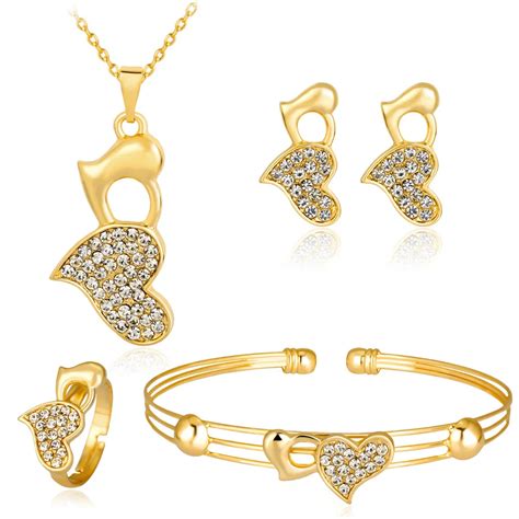 HC Elegant Hearts Crystal Girls Jewelry Sets Fashion 4 Pcs Necklace Bracelets Earrings Ring ...