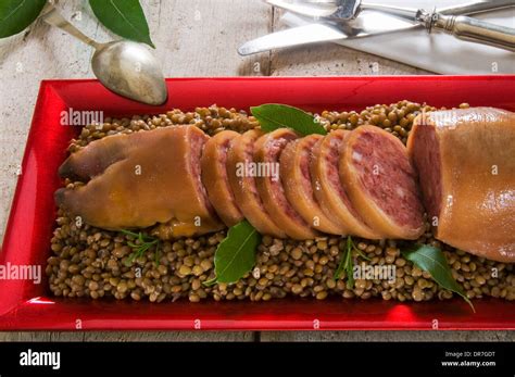 Zampone (boiled and stuffed pig's trotter) on lentils, Italian Stock ...