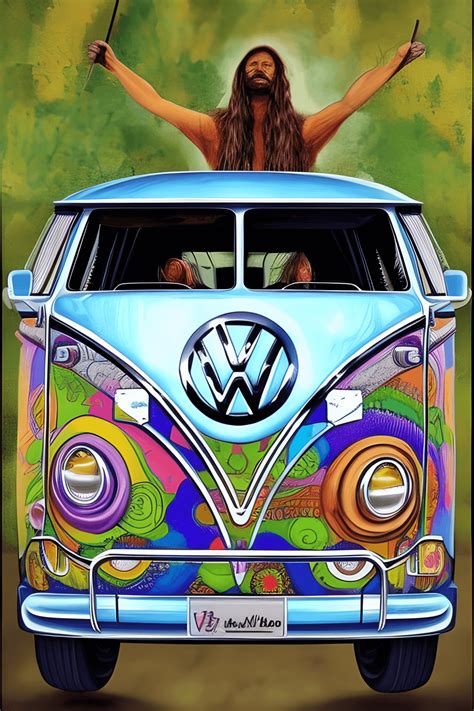 Hippie Painter Painting Picture of a VW Bus · Creative Fabrica