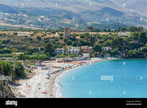 Scopello, Trapani, Sicily, Italy. View over Guidaloca Beach and the turquoise waters of the Gulf ...