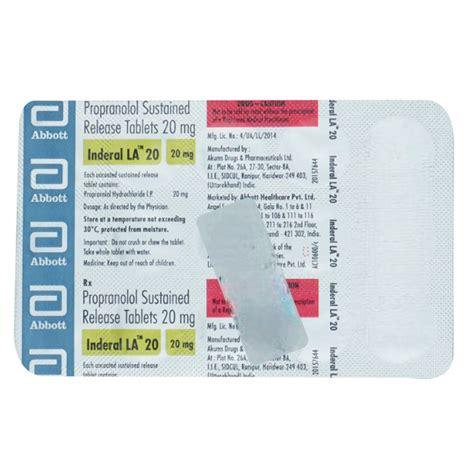 Inderal LA 20 Tablet 15's Price, Uses, Side Effects, Composition - Apollo Pharmacy