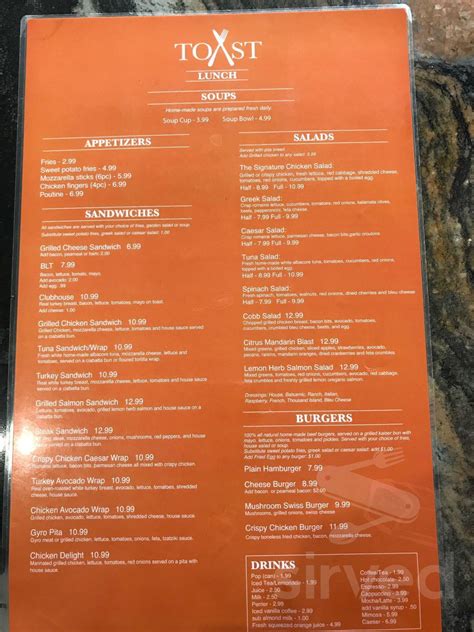 TOAST menu in Windsor, Ontario, Canada