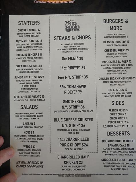 Menu at Kid Rock's Big Ass Honky Tonk Rock N' Roll Steakhouse, Nashville