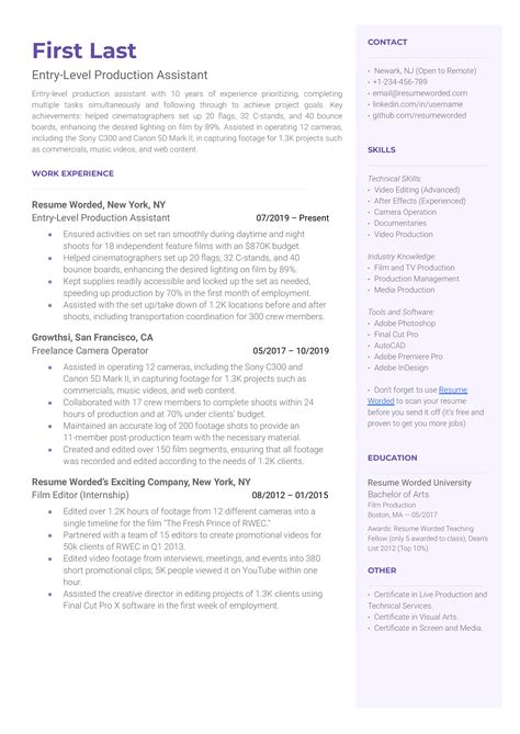 Entry Level Production Assistant Resume Examples for 2024 | Resume Worded