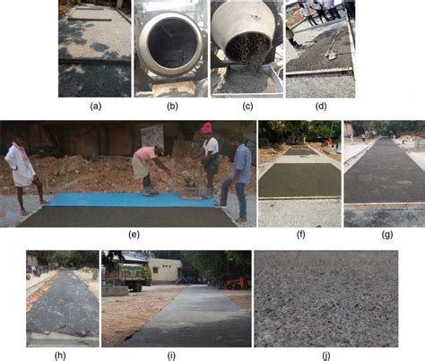 Pervious concrete construction chronology: (a) setting up formwork; (b ...