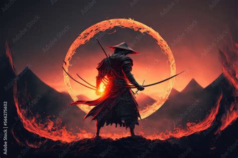 A samurai in a demonic red mask on the battlefield makes a swing with a katana creating a ...