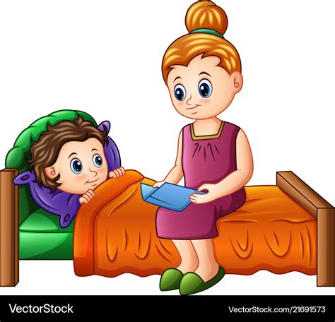 Cartoon mother reading bedtime story to her son Vector Image