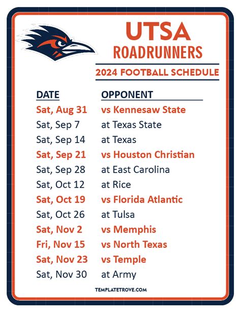 Printable 2024 UTSA Roadrunners Football Schedule