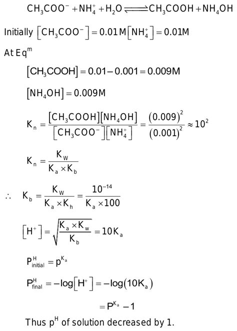 81 Ammonium acetate which is .01 M is hydrolysed to .001M concentration.Calculate the change in ...