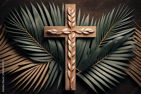 Palm Sunday concept. Wooden cross over palm leaves. Generative AI Stock Illustration | Adobe Stock