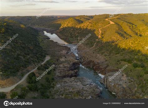 Pulo Lobo Waterfall Drone Aerial View River Guadiana Beautiful Green ...