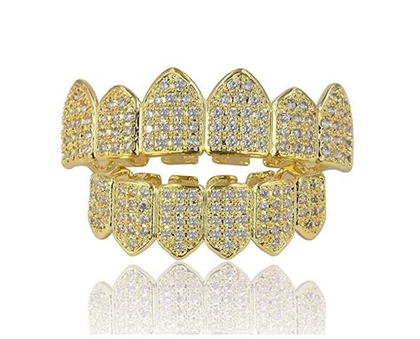 Gold Diamond Grillz Teeth Set Hip Hop Grillz Rapper Jewelry Vampire Fa ...