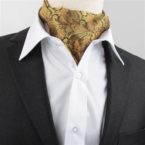 New Men Vintage Wedding Formal Brand Name Cravat Ascot Scrunch Self Neck Tie Gold Black Paisley ...