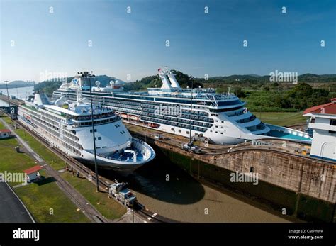 Cruise ships in transit by Miraflores Locks. Panama Canal Stock Photo ...