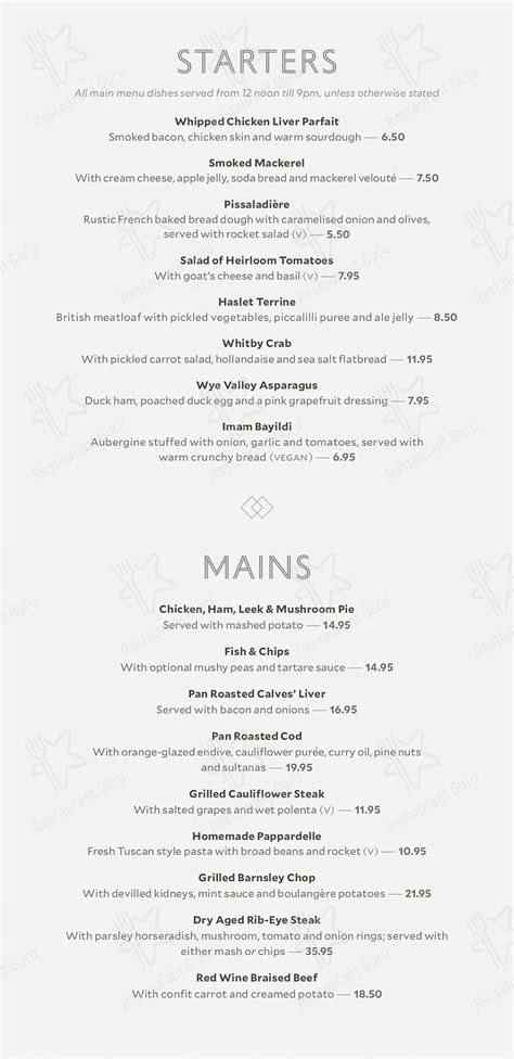 Menu at The Black Swan restaurant, Helmsley, Market Pl