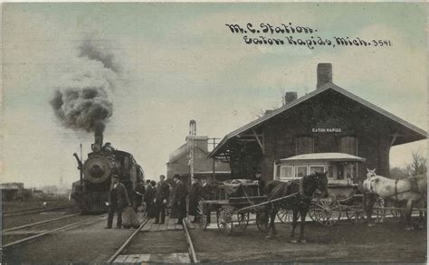 CEN Eaton Rapids MI Circa 1905 MCRR DEPOT Approaching Steam Engine ...