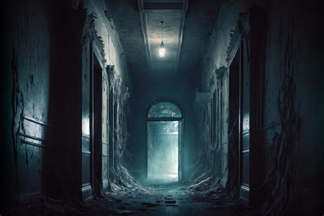 The abandoned haunted house's dark hallway filled with debris G ...