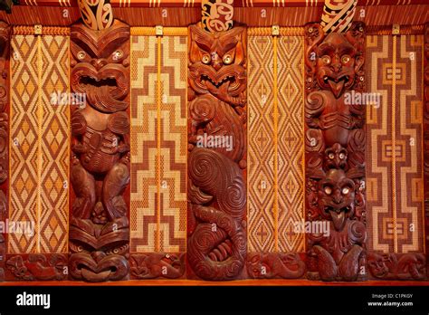 Carved panels inside Te Whare Runanga, Maori Meeting House, Waitangi Stock Photo, Royalty Free ...