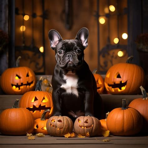 French bulldog sitting at front steps with halloween pumpkins at night | Premium AI-generated image