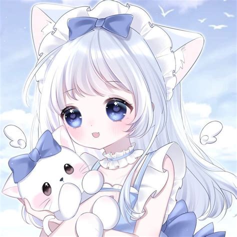 an anime girl holding a teddy bear in her arms with blue eyes and white hair