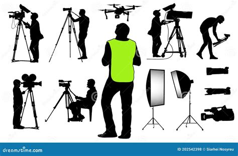 Silhouettes of Cameramen with Video and Photo Equipment, Quadcopter and Etc., Set Stock Vector ...