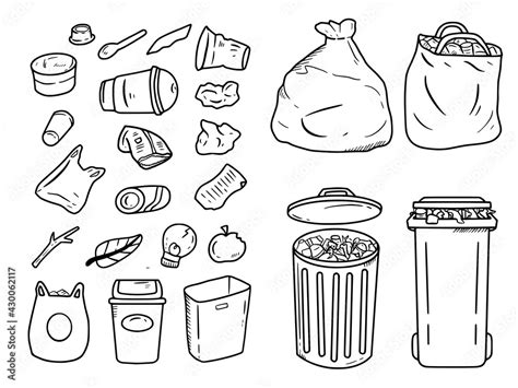 Trash can and garbage doodle drawing icon set illustration line art Stock Vector | Adobe Stock