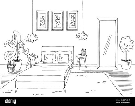 Bedroom graphic black white home interior sketch illustration vector Stock Vector Image & Art ...