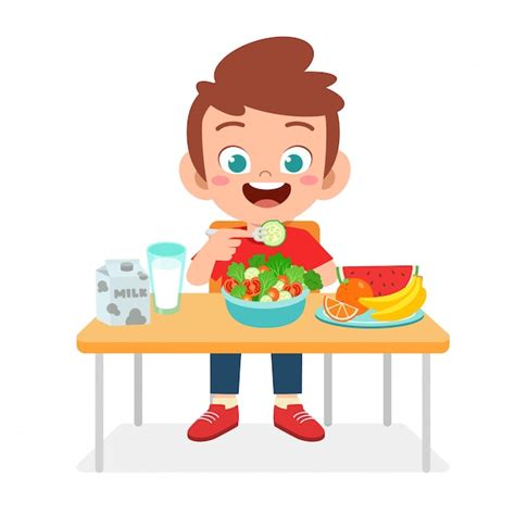 Happy cute kid boy eat healthy food | Premium Vector