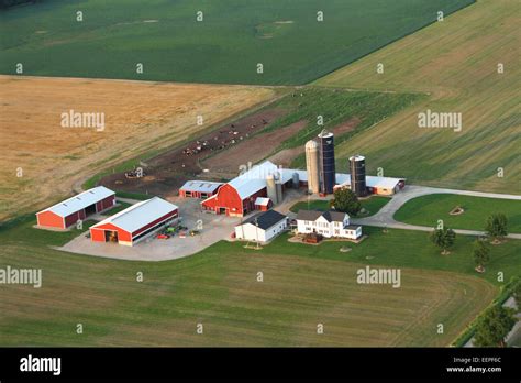 Aerial view of farm land and farm buildings. Purdy Field Fly-In Stock Photo, Royalty Free Image ...