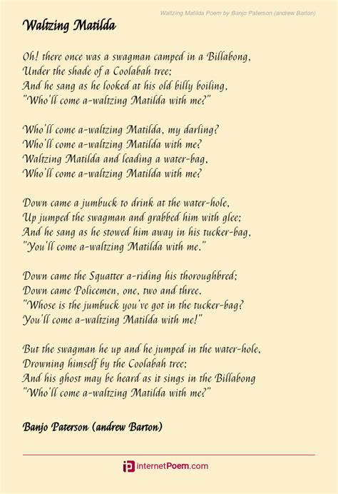 Waltzing Matilda Poem by Banjo Paterson (andrew Barton)