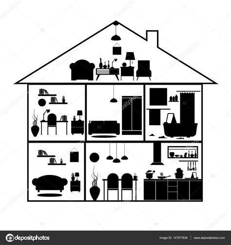 House in cut. Detailed modern house interior. Rooms with furniture. Flat style vector ...