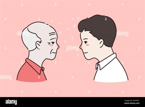 Side view faces of young and old man facing each other. Younger and ...