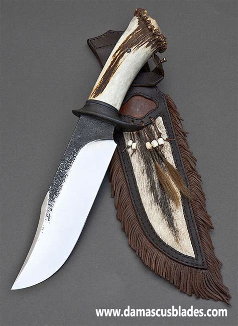 Stag Horn Knife Handle With Leather Sheath | Damascus Blades