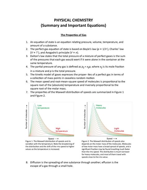 Physical Chemistry - PHYSICAL CHEMISTRY (Summary and Important Equations) The Properties of Gas ...