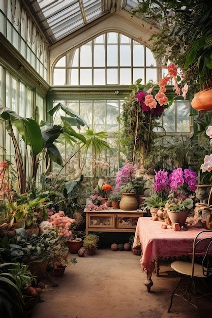 Premium AI Image | A Victorian greenhouse interior with rare exotic flowers in bloom