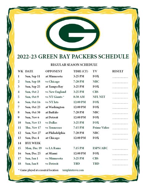 Printable 2022-2023 Green Bay Packers Schedule