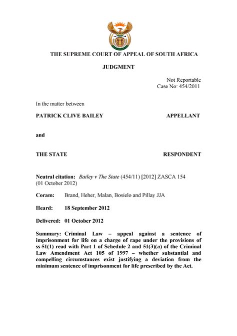 Bailey v S - appeal against a sentence of imprisonment for life on a charge of rape under - Studocu