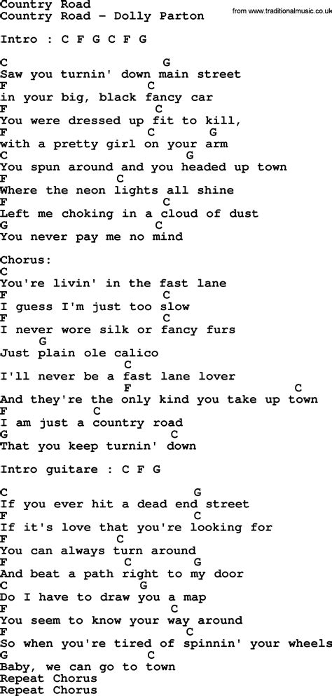 Country Road - Bluegrass lyrics with chords