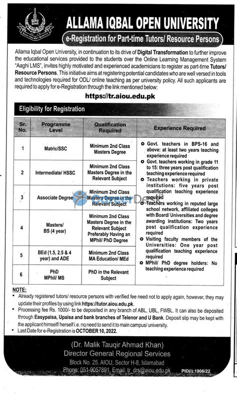 AIOU Allama Iqbal Open University Tutor Jobs 2022