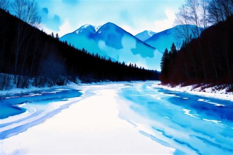 Premium AI Image | A watercolor painting of a river in the mountains.