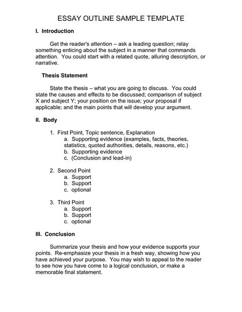 ESSAY OUTLINE SAMPLE TEMPLATE in Word and Pdf formats