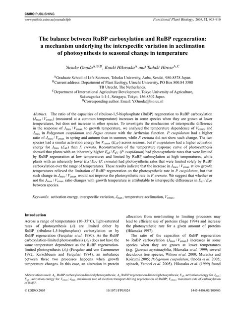 (PDF) The balance between RuBP carboxylation and RuBP regeneration: A ...